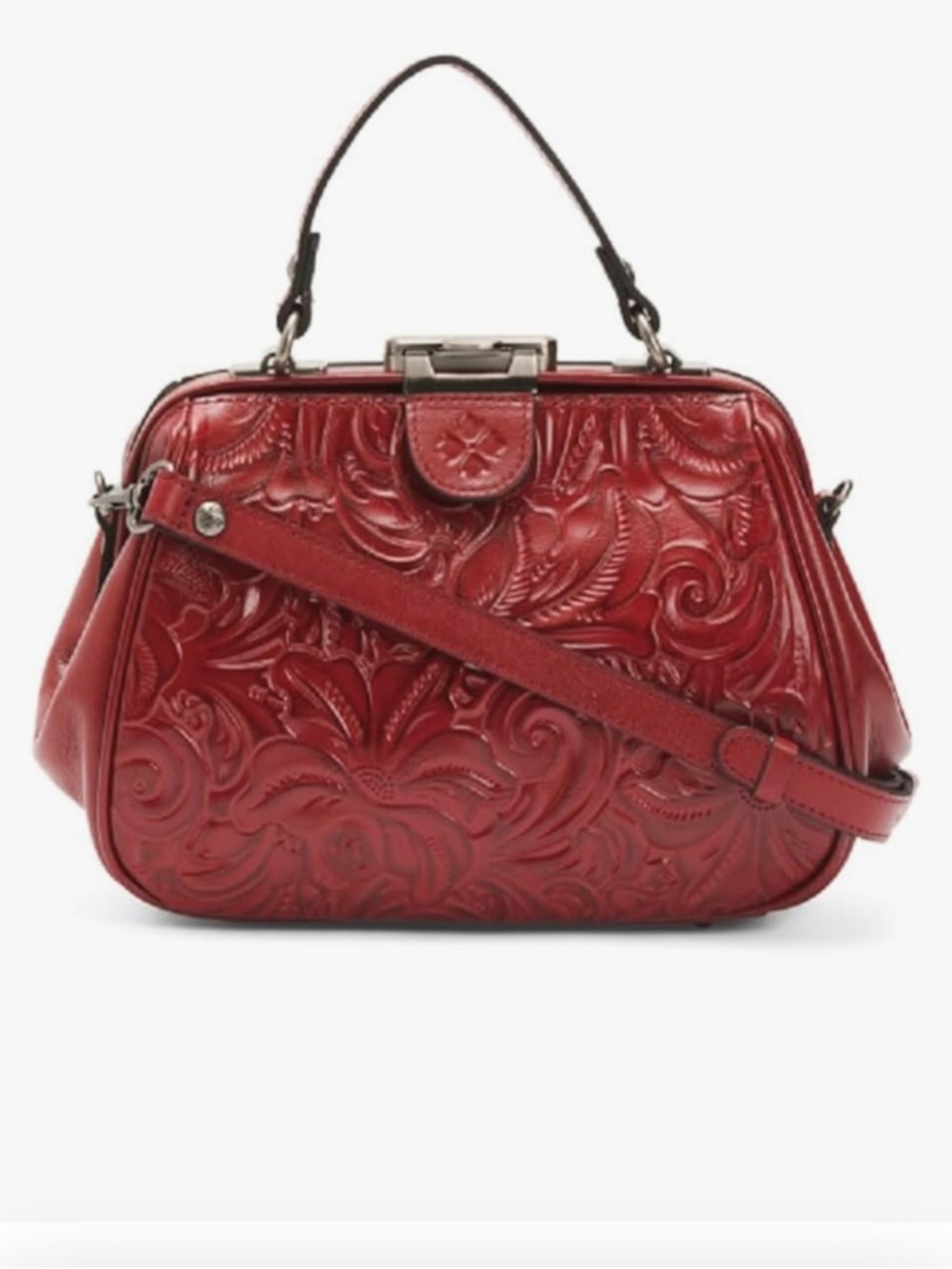 Patricia Nash Gracchi Red Tooled  Leather Satchel with Detachable Strap